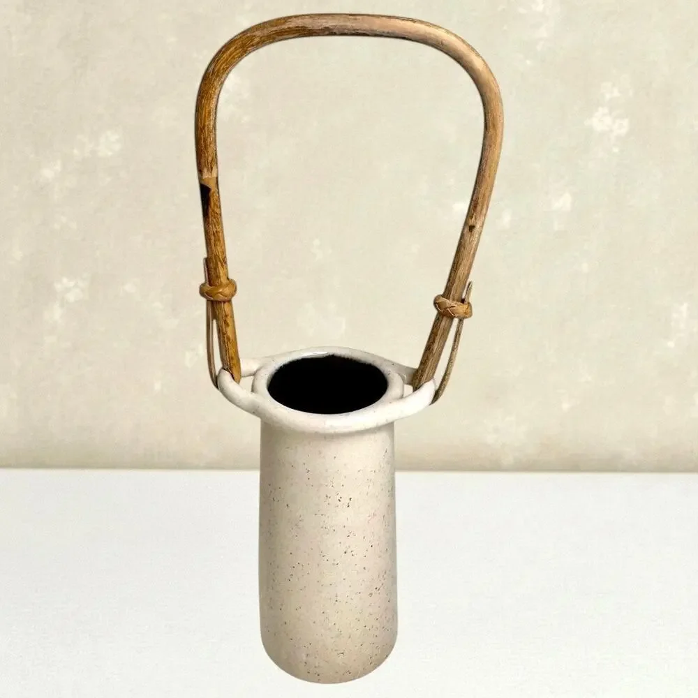 Vase Studio Art Pottery Speckled Stoneware Rattan Handle Organic Basket Decor